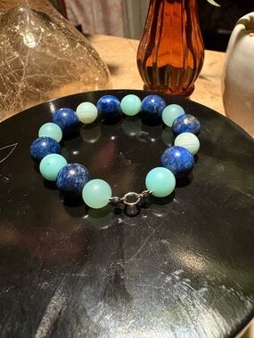 Blue Lapis and Agate Beaded Bracelet with Silver Clasp